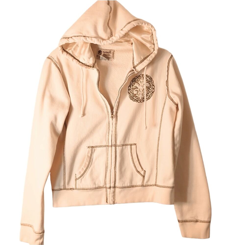 One World Hoodie Zip Jacket‎ Sz M IVORY Fancy Emblem Gold Studs Raver Glam Indie